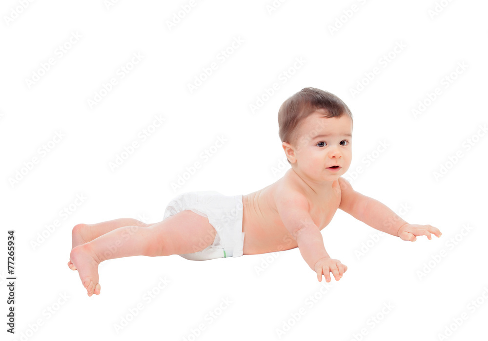 Adorable six month baby in diaper lying on the floor Adorable six month baby in diaper lying on the floor