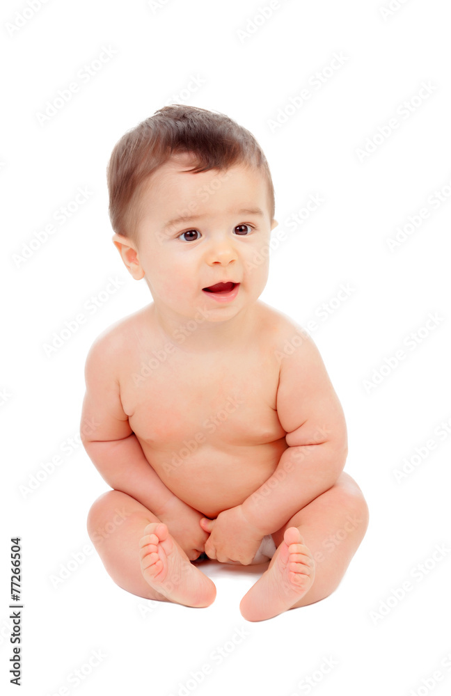 Adorable six month baby in diaper Adorable six month baby in diaper
