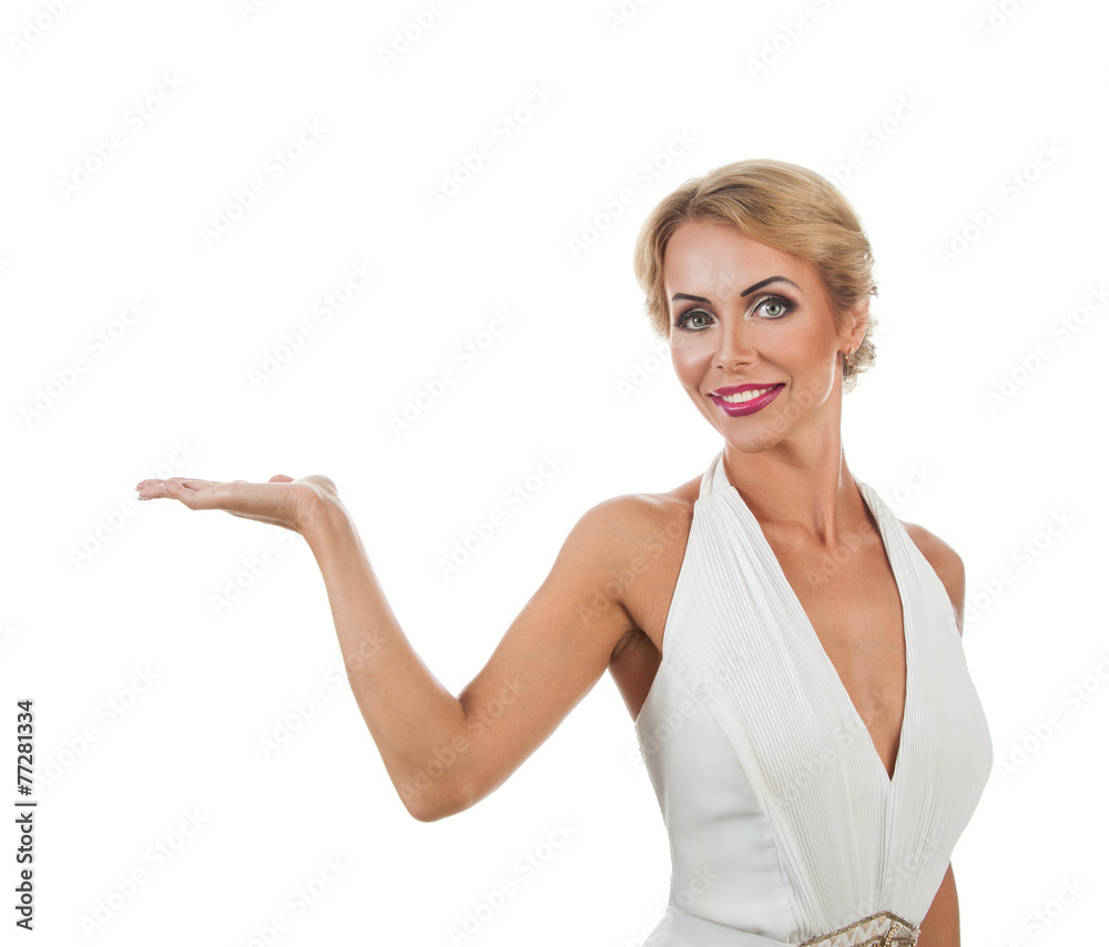 Woman showing something on the palms of her hands Woman showing something on the palms of her hands