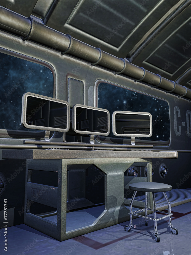 Stół z monitorami w futurystycznym statku kosmicznym - obrazy, fototapety, plakaty 