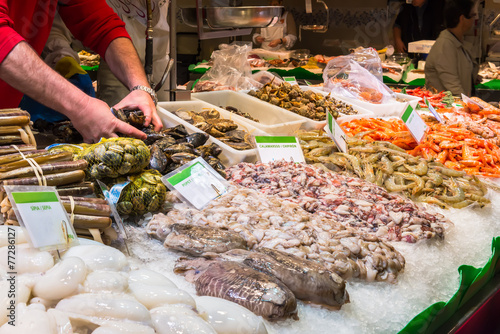 Fresh seafoods at the market La Boqueria in Barcelona. Spain