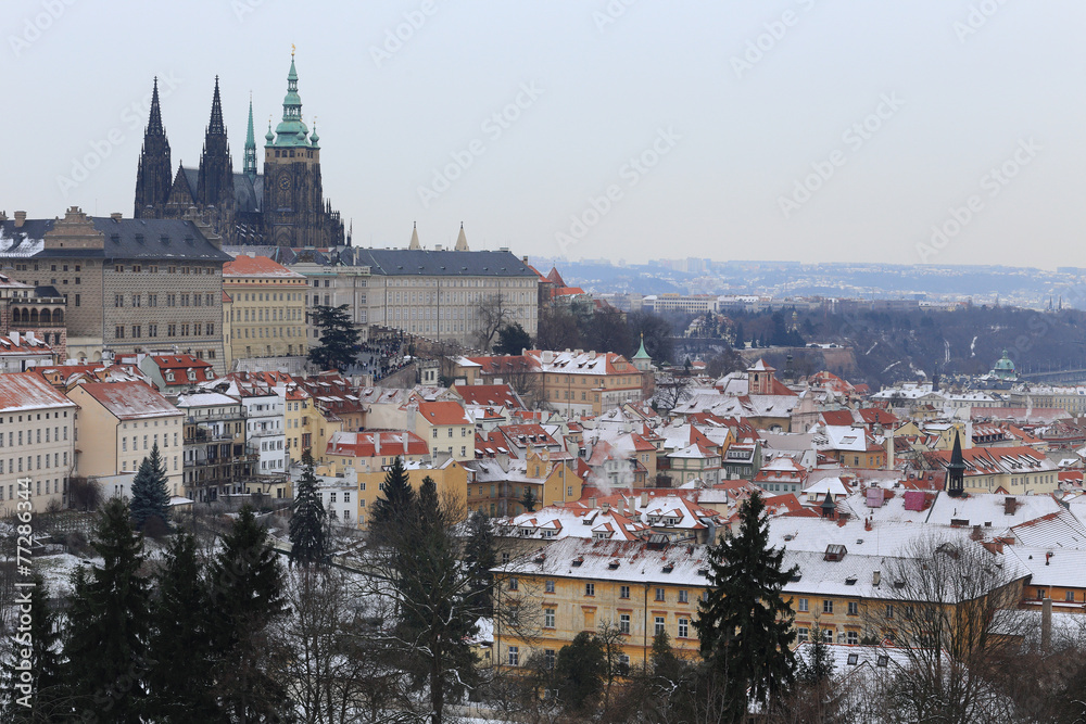 First Snow in Prague City with gothic Castle, Czech Republic