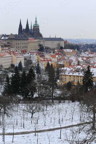 First Snow in Prague City with gothic Castle, Czech Republic