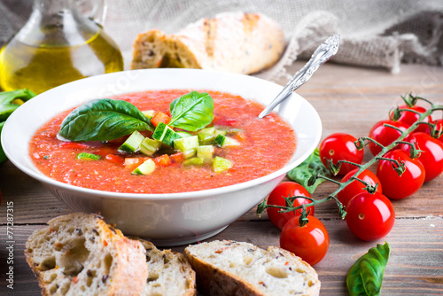 Tomato gazpacho soup with pepper and garlic, Spanish cuisine photo