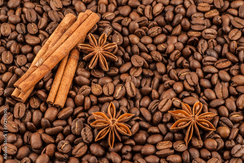 Fototapeta Cinnamon and anise on a background of coffee beans