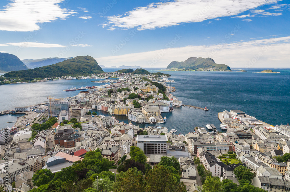 Sunny view of Alesund from mountain Aksla