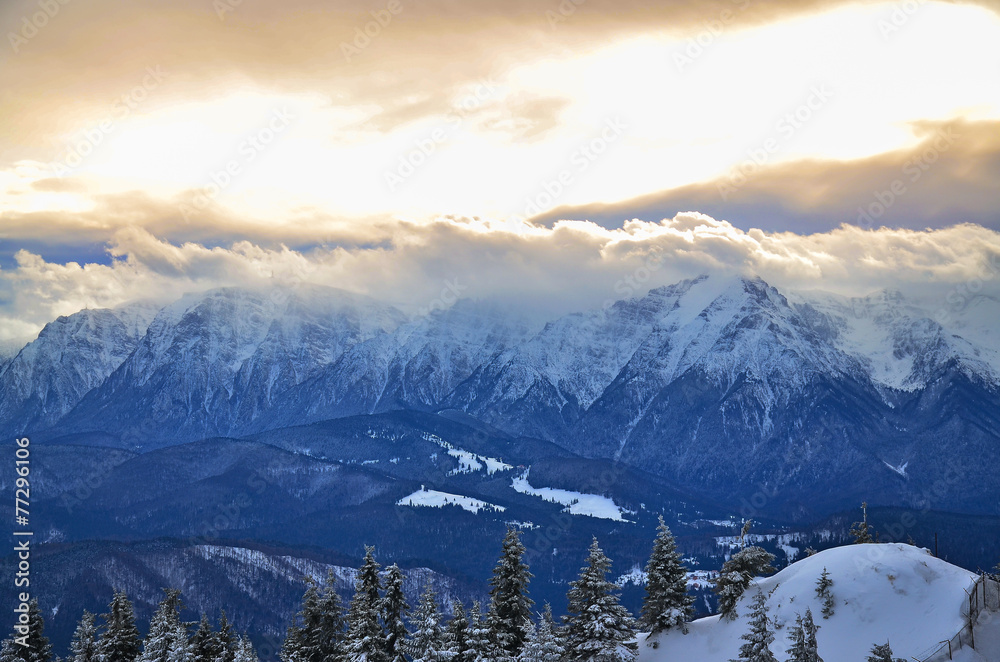 Piatra Craiului Mountain peaks, panoramic view in winter, Romania