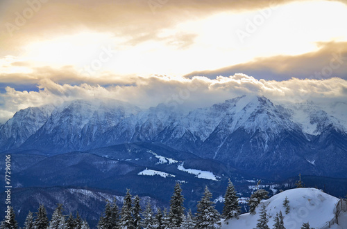 Piatra Craiului Mountain peaks, panoramic view in winter, Romania