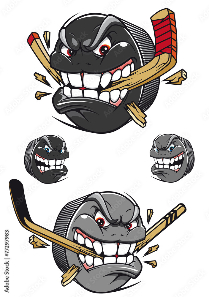 Naklejka premium Angry evil hockey puck chomping a stick