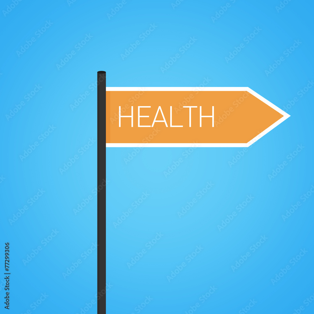 Health nearby, flat orange road sign Health nearby, flat orange road sign