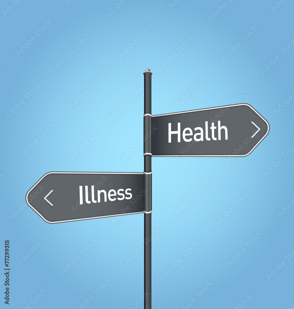 Health vs illness choice road sign on blue background Health vs illness choice road sign on blue background