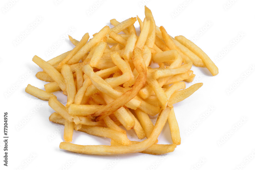 A pile of appetizing french fries on a white background A pile of appetizing french fries on a white background