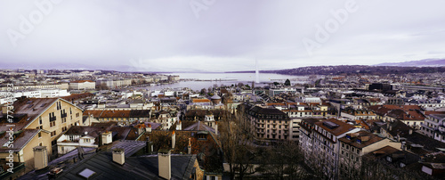 Geneva landscape from the old city lake and water jet in winter panoramique view