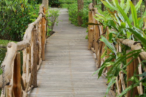 wooden walkway in green nature garden