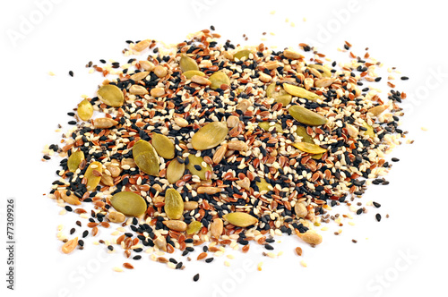 Flax, sunflower, sesame, chia, pumpkin seeds, white background