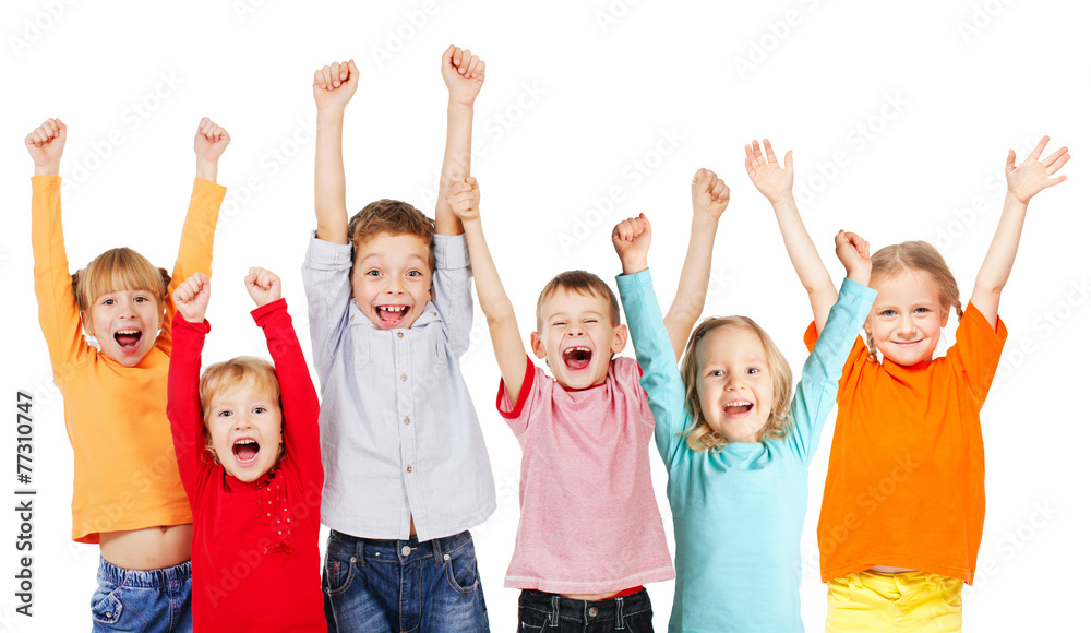 Happiness group children with their hands up - obrazy, fototapety, plakaty 
