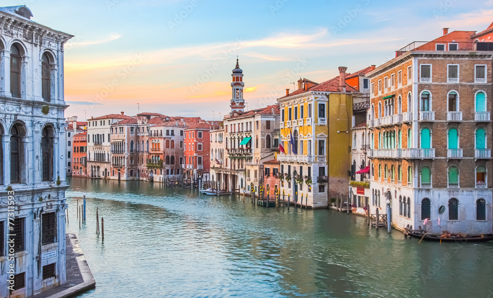 Sunset in Venice, Italy - view on colorful houses on Grand Canal