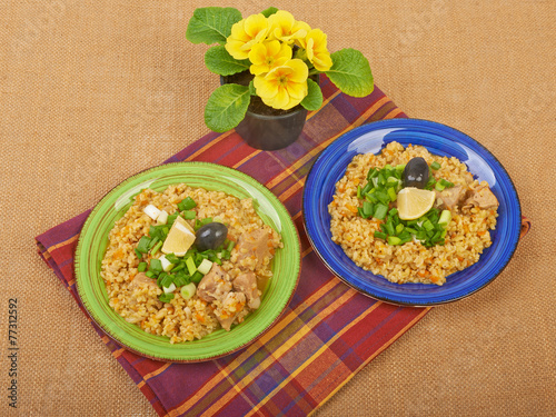 Porridge in a dish seasoned with chives