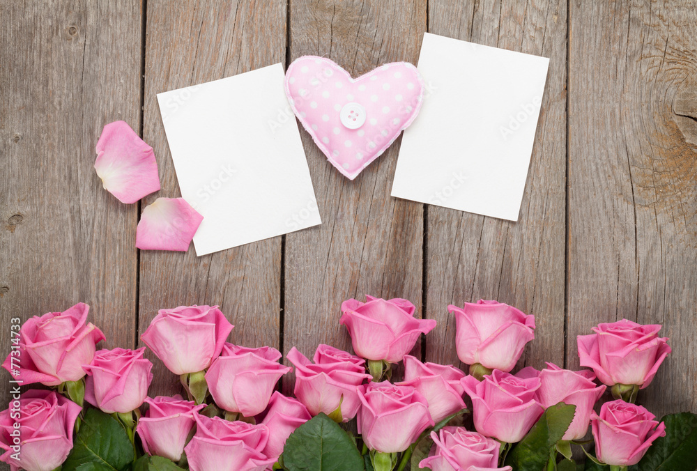 Pink roses, handmaded toy heart and valentines day blank greetin Pink roses, handmaded toy heart and valentines day blank greetin