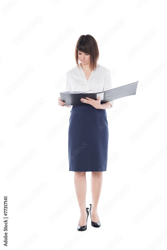 business woman looking into a folder with papers business woman looking into a folder with papers