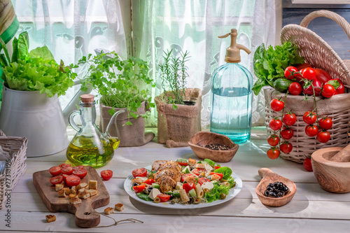 Healthy food prepared in the spring kitchen