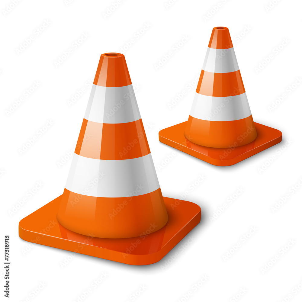 Realistic vector - orange road cones with stripes. Realistic vector - orange road cones with stripes.