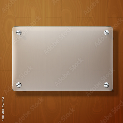 Vector frosted glass plate on wooden background.