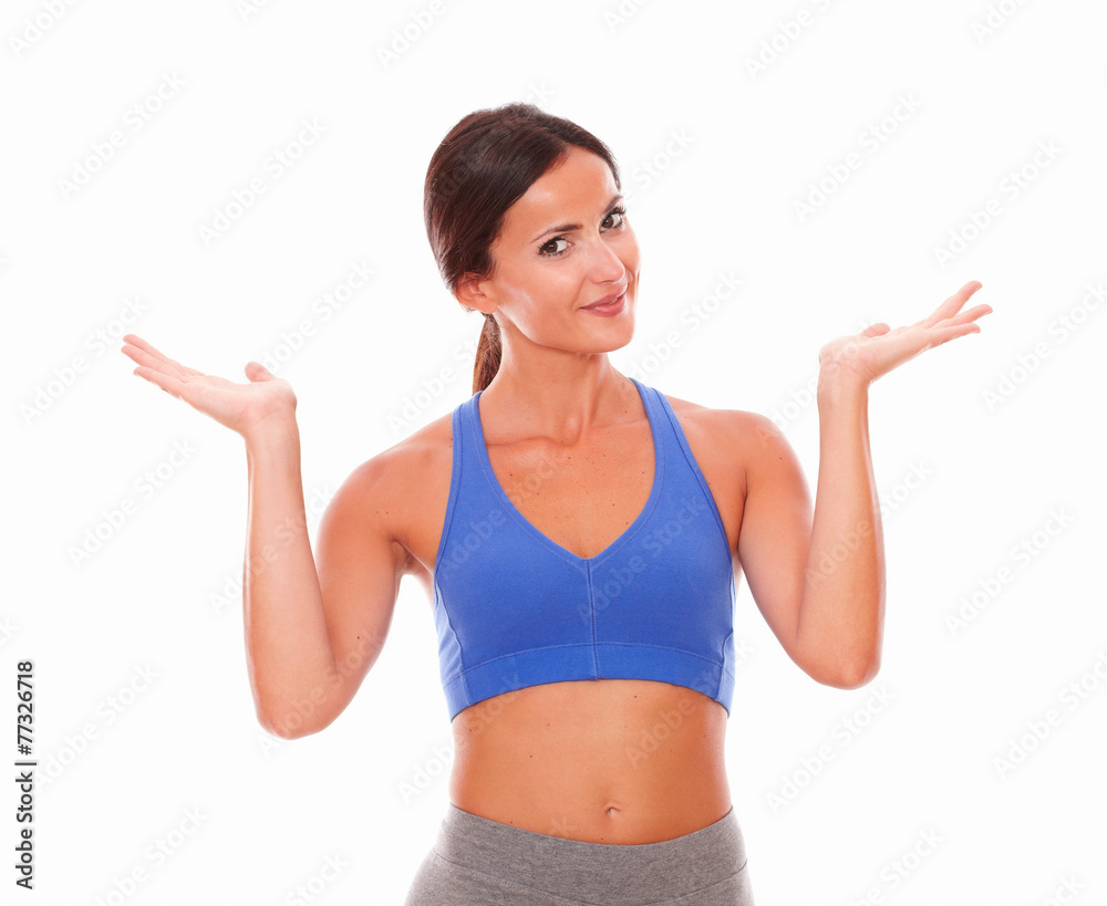 Sporty pretty woman raising palms up Sporty pretty woman raising palms up