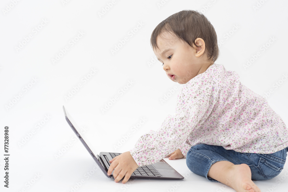 little girl with digital table isolated on white little girl with digital table isolated on white