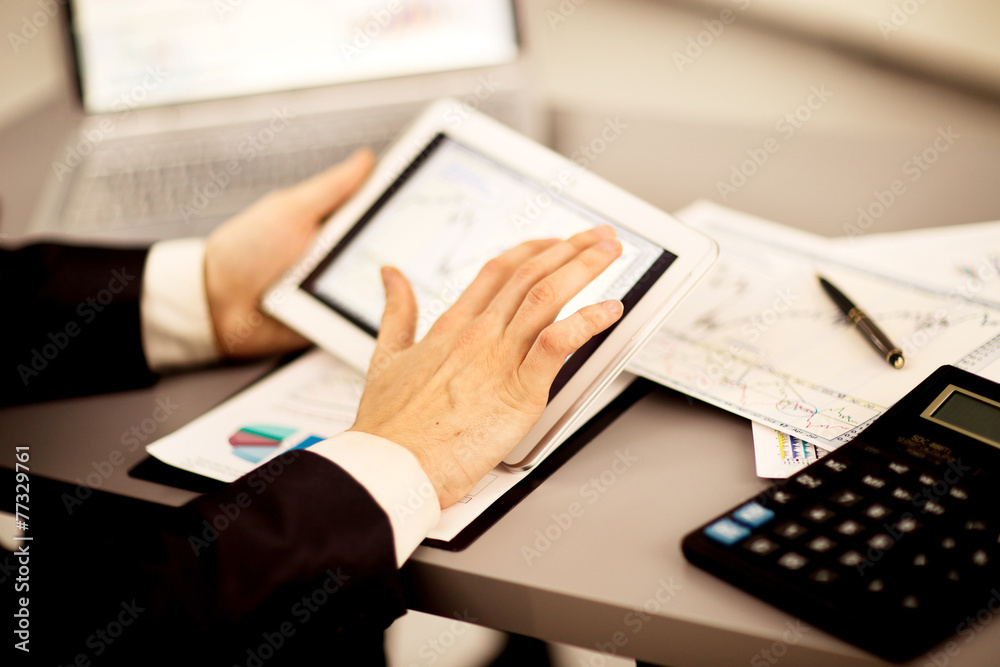 Businessman with finger touching screen Businessman with finger touching screen
