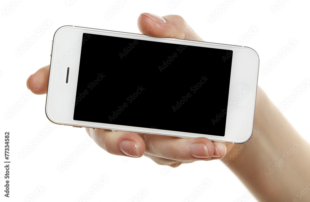 Hand holding mobile smart phone isolated on white Hand holding mobile smart phone isolated on white