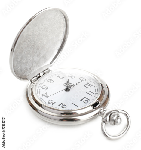 Silver pocket clock isolated on white