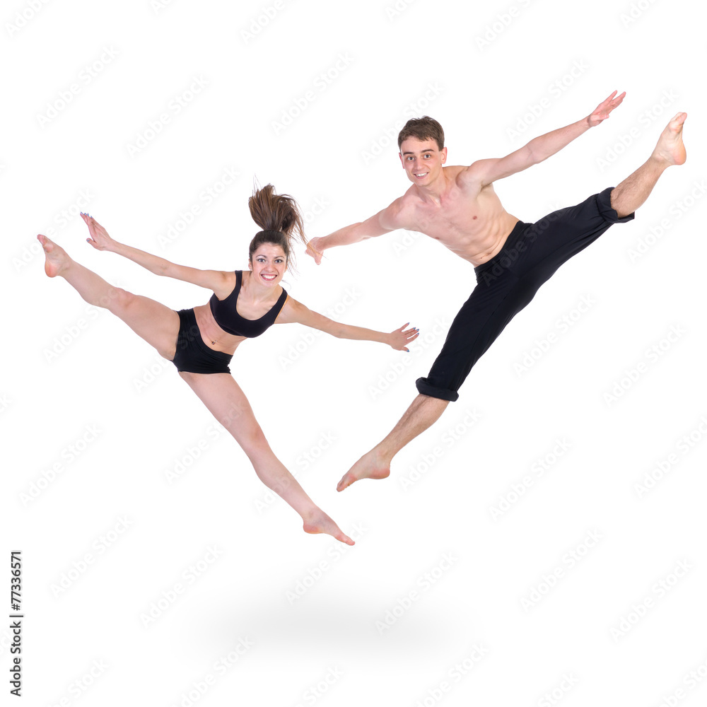 couple man and woman exercising fitness jumping on white