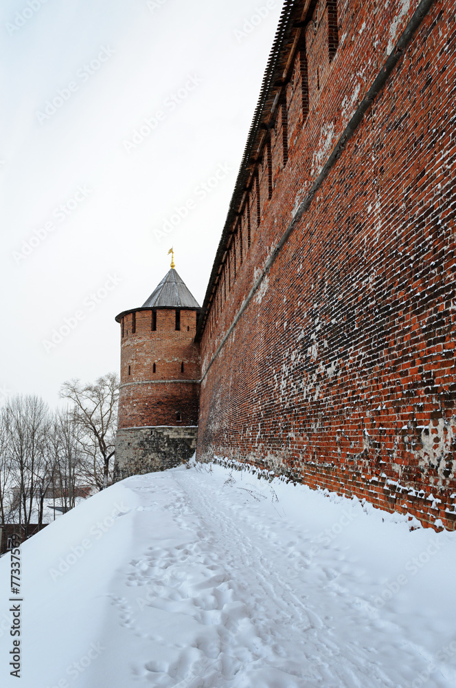 Kremlin wall and tower at Nizhny Novgorod in winter