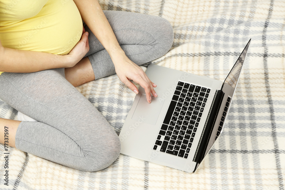 Naklejka premium Young pregnant woman relaxing on sofa with laptop