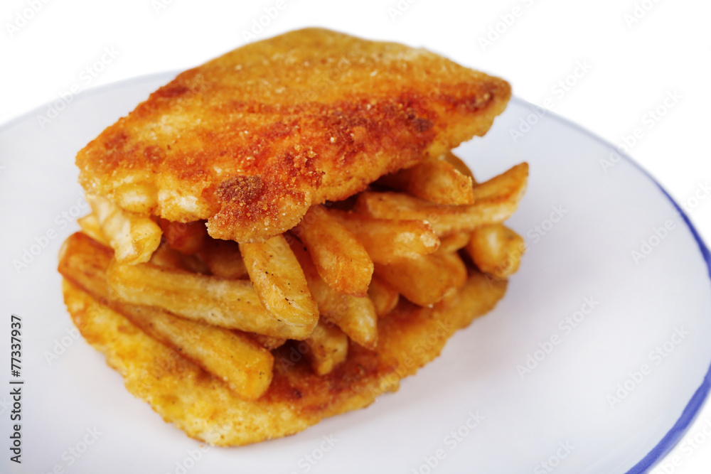 Breaded fried fish fillet and potatoes Breaded fried fish fillet and potatoes