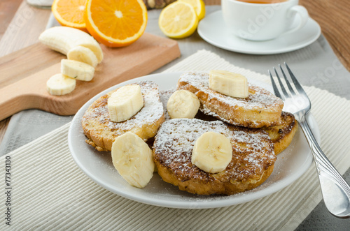 French toast to sweet  with banana sprinkled with sugar