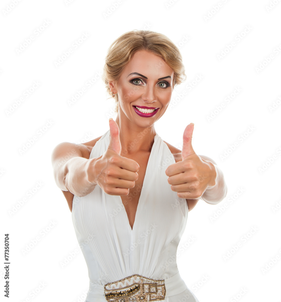 Smiling woman showing tumb sign Smiling woman showing tumb sign