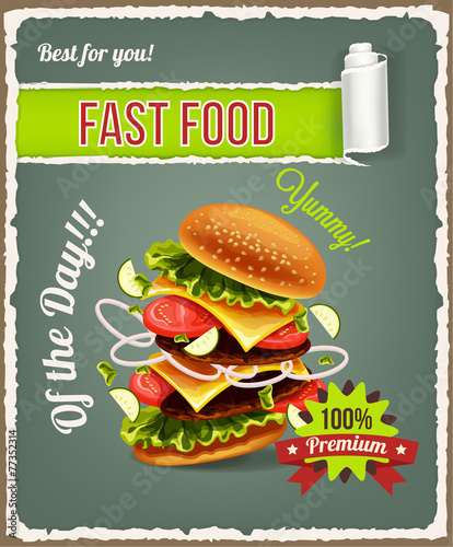 Hamburger is exploding. Vector fast food banner