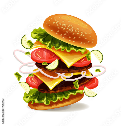 Hamburger is exploding. Vector illustration