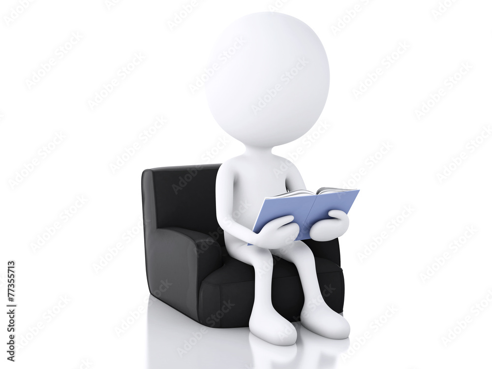 3d white people reading a book on white background.