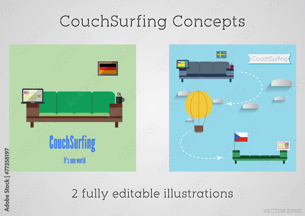 Set of Couch surfing concept. Travel infographic.