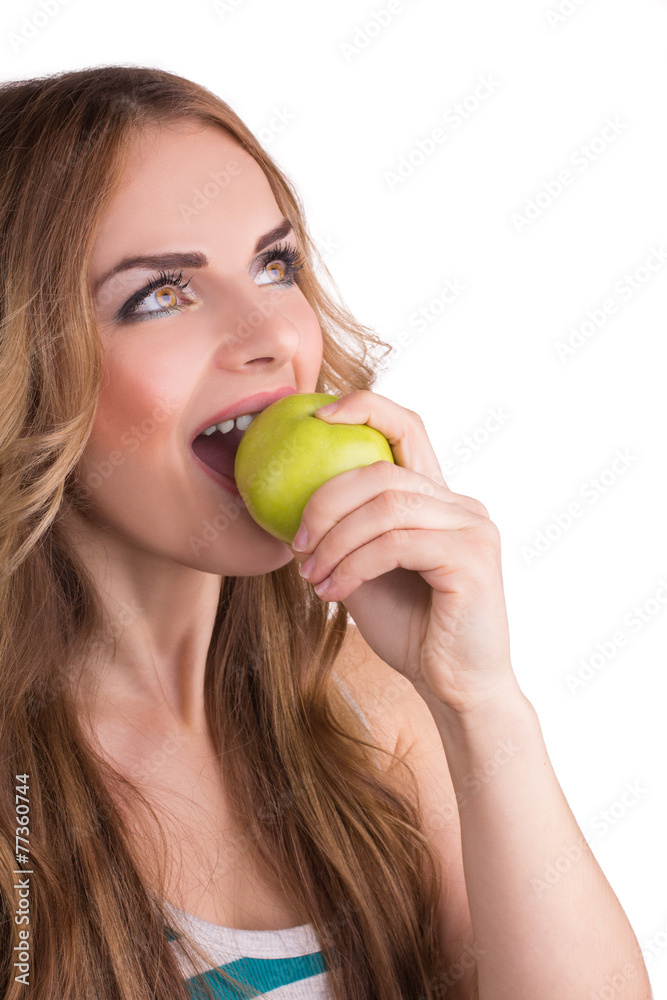Young smiling woman with apple, isolated on white Young smiling woman with apple, isolated on white