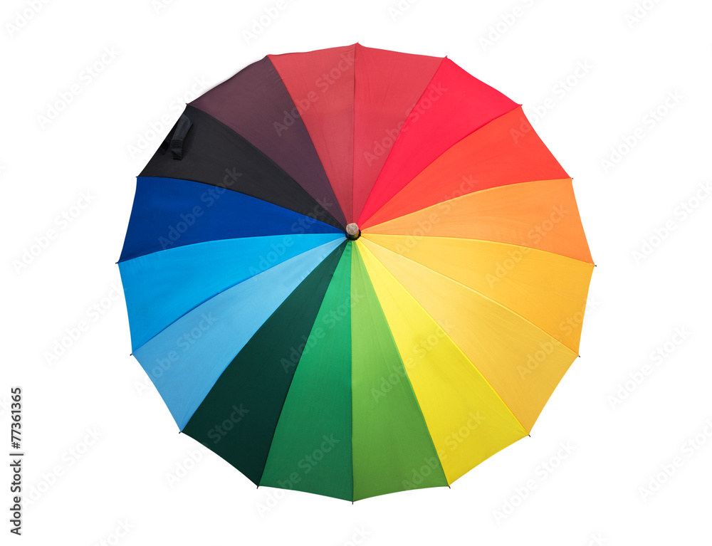 Rainbow colored umbrella opened, isolated on white background