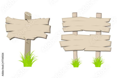 Set of Wooden sign boards on a grass. Vector Illustration isolat