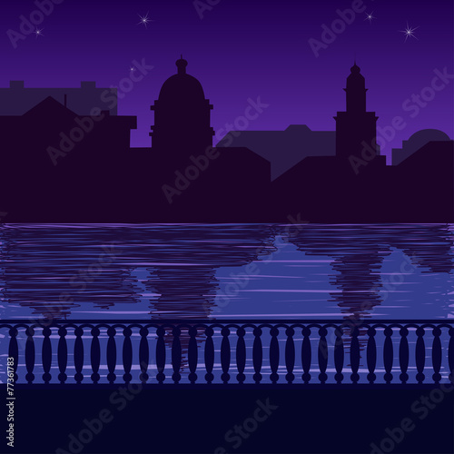 Illustration of city skyline at night: quay