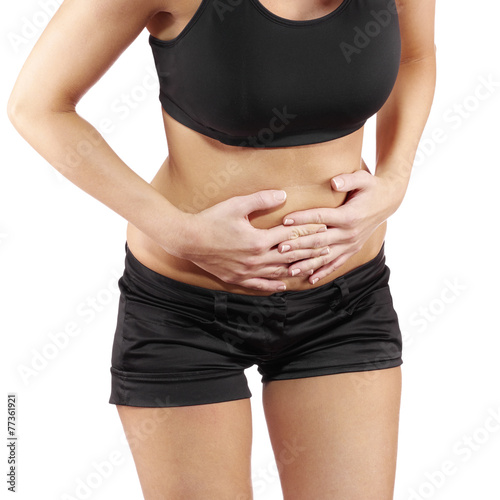 Woman with both palm around waistline to show pain on belly area