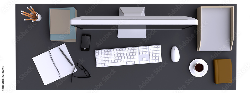 Top view of workspace with computer and other elements on table. Top view of workspace with computer and other elements on table.
