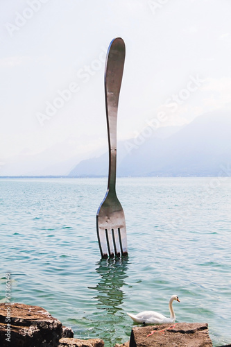 Gigantic fork in lake Geneva, Vevey,  Switzerland