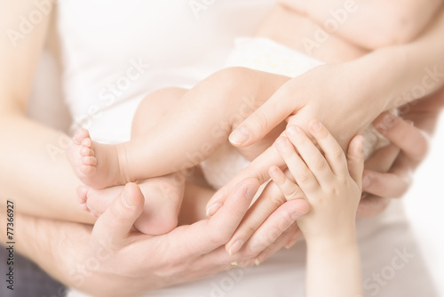 Family Hands and Baby New Born Foot, Mother Father Arms, Kid